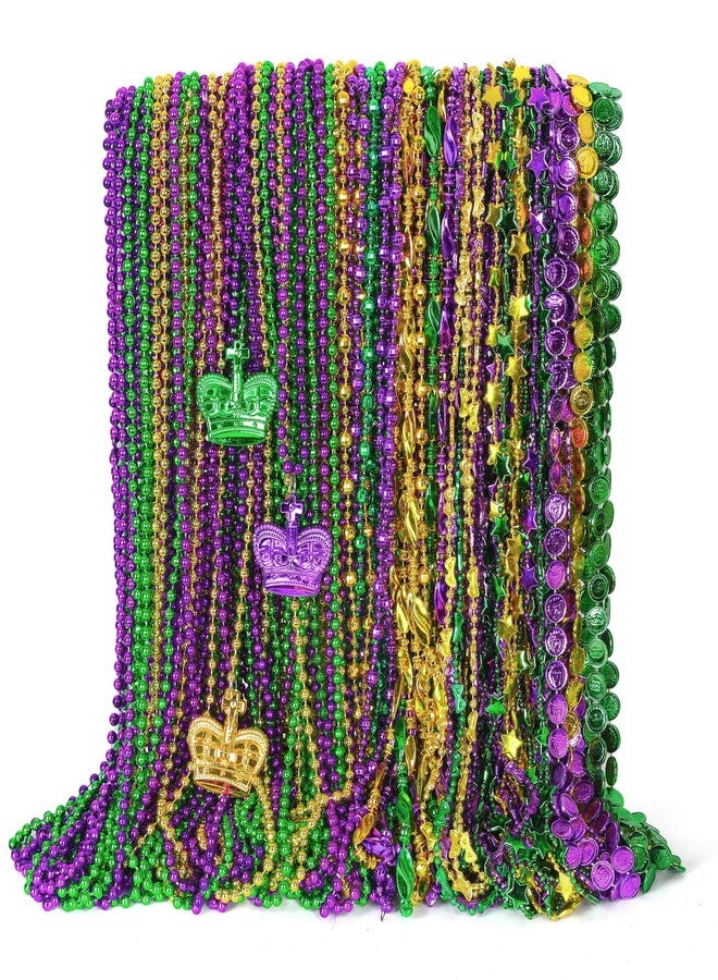 EOBOH 48PCS Mardi Gras Beads, Metallic Mardi Gras Beads Necklace, 10 Kinds Green Purple Gold Necklaces Bulks, Coins Mask Bead Necklace Costumes, Festival Carnivals Events Parade Throws Party Accessories - Image 1